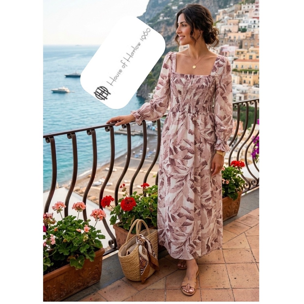 House of Harlow 1960 Pink Tropical Leaf Smocked Midi Dress M ResortWear Fall